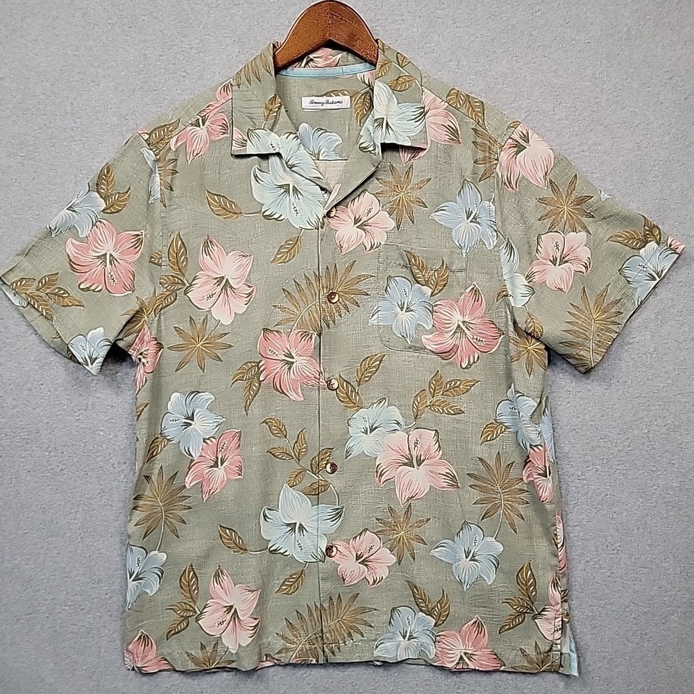 TOMMY BAHAMA Island Zone Hawaiian Shirt Men XL Sage Multicolor Floral Silk Blend